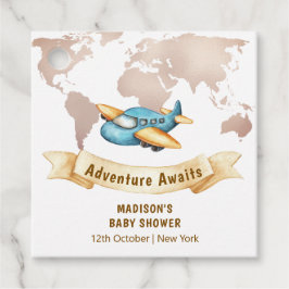 Modern Adventure World Map Airplane Baby Shower フェイバータグ