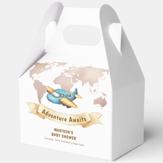 Modern Adventure World Map Airplane Baby Shower  フェイバーボックス (正面)