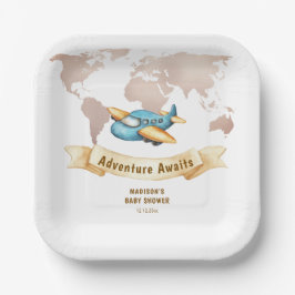 Modern Adventure World Map Airplane Baby Shower ペーパープレート