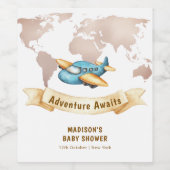 Modern Adventure World Map Airplane Baby Shower  ワインラベル (シングルラベル)