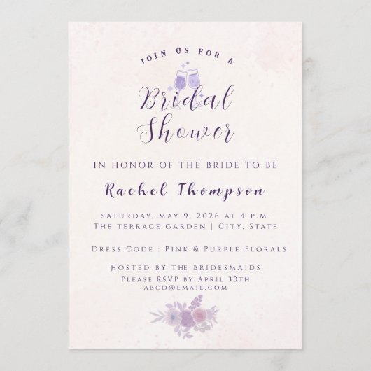 Modern Amethyst Floral Bridal Shower Customized 招待状 (正面)