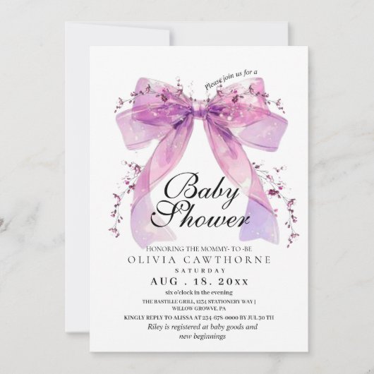 Modern and elegant Pink Bow Baby Shower 招待状 (正面)