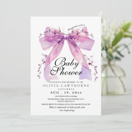 Modern and elegant Pink Bow Baby Shower 招待状 (スタンド正面)