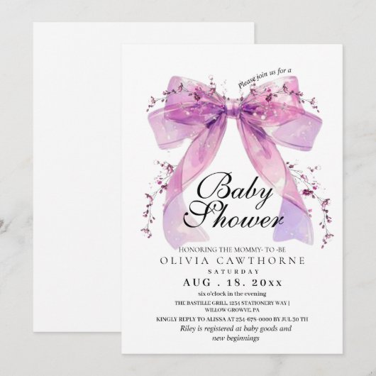 Modern and elegant Pink Bow Baby Shower 招待状 (正面/裏面)