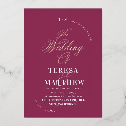 Modern and Minimal Fuchsia Wedding Photo  箔招待状 (正面)