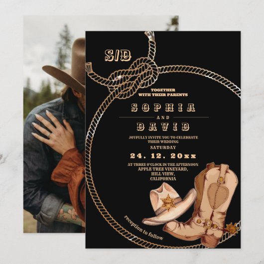 Modern and Minimal Western Cowboy Boots Wedding  招待状 (正面/裏面)