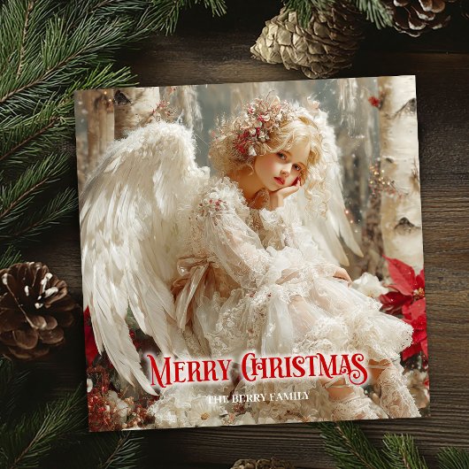 Modern angelic angel red poinsettias chic greeting シーズンカード