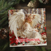 Modern angelic angel red poinsettias chic greeting シーズンカード
