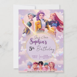 Modern Anime Girl Squad Neon Purple Birthday  招待状