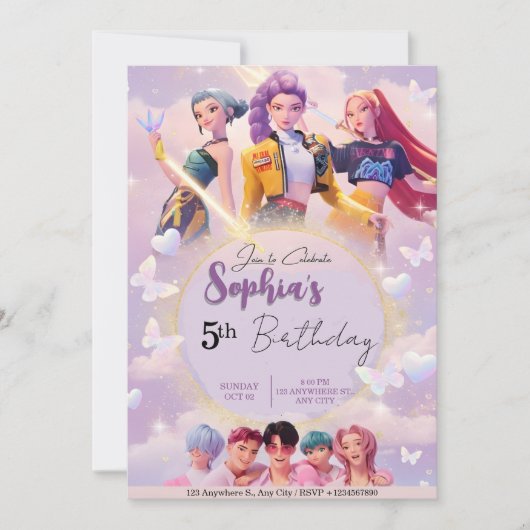 Modern Anime Girl Squad Neon Purple Birthday  招待状 (正面)