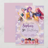 Modern Anime Girl Squad Neon Purple Birthday  招待状 (正面/裏面)