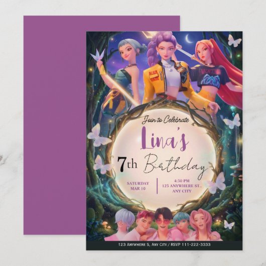 Modern Anime Girl Squad Neon Purple Birthday 招待状 (正面/裏面)