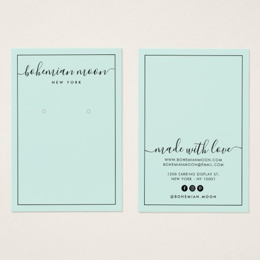 Modern aqua and black script earring display card (正面&裏面)