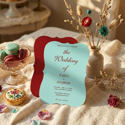 Modern Aqua Teal & Deep Burgundy Wedding 招待状