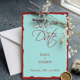 Modern Aqua Teal & Deep Red Wedding セーブザデート