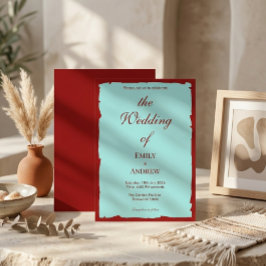 Modern Aqua Teal & Deep Red Wedding Invitation 招待状
