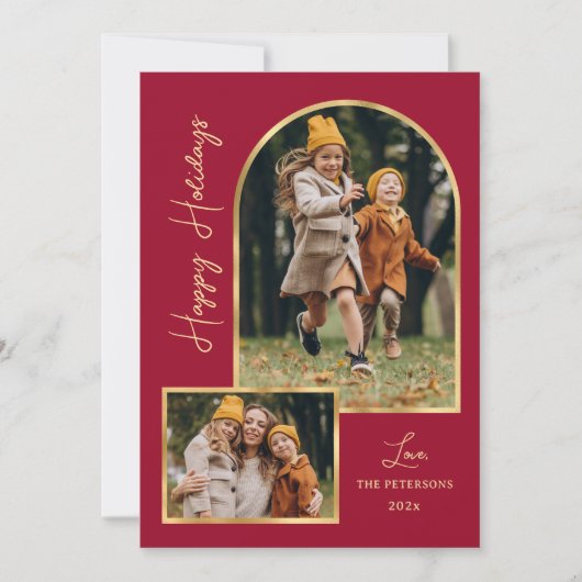 Modern Arch 3 Photo Burgundy Happy Holiday Card シーズンカード (正面)