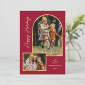 Modern Arch 3 Photo Burgundy Happy Holiday Card シーズンカード (スタンド正面)