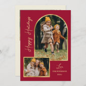 Modern Arch 3 Photo Burgundy Happy Holiday Card シーズンカード (正面/裏面)