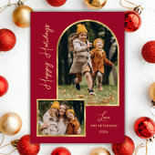 Modern Arch 3 Photo Burgundy Happy Holiday Card  シーズンカード
