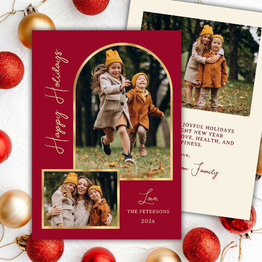 Modern Arch 3 Photo Burgundy Happy Holiday Card  シーズンカード