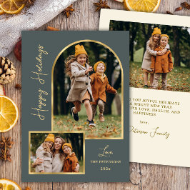 Modern Arch 3 Photo Green Happy Holiday Card シーズンカード
