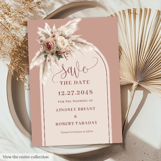 Modern Arch Dusty Pink Floral Save the Date Invite 招待状