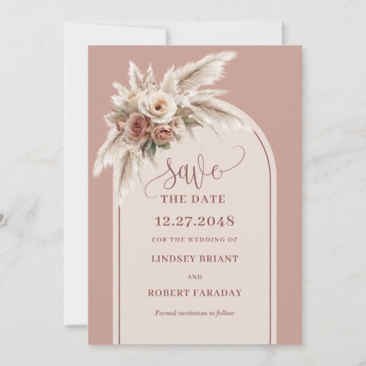 Modern Arch Dusty Pink Floral Save the Date Invite 招待状 (正面)