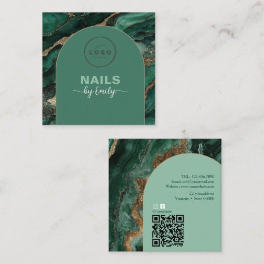 Modern Arch Emerald green and Gold Qr Code Marble  スクエア名刺 (正面/裏面)