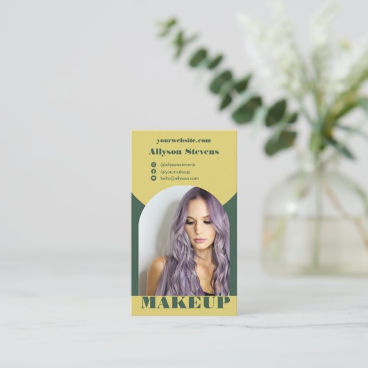 Modern arch makeup yellow green photo qr code logo 名刺 (スタンド正面)