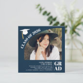 Modern arch navy blue 5 photos graduation 招待状 (スタンド正面)