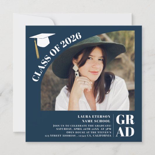 Modern arch navy blue 5 photos graduation 招待状 (正面)