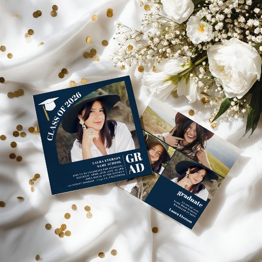 Modern arch navy blue 5 photos graduation 招待状