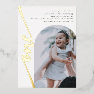 Modern Arch Photo Vertical Script 1st Birthday 箔招待状