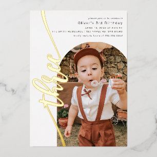 Modern Arch Photo Vertical Script 3rd Birthday 箔招待状