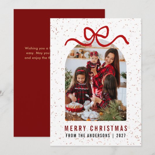 Modern Arch Red Ribbon Photo Merry Christmas Bow  シーズンカード (正面/裏面)