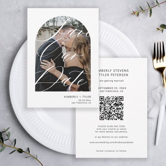 Modern arch script photo QR CODE wedding セーブザデート