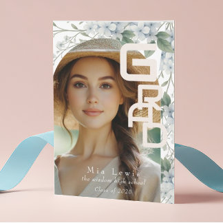 Modern Arch Soft Blue Hydrangeas Graduation Photo 案内状