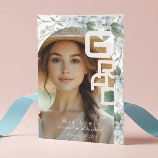 Modern Arch Soft Blue Hydrangeas Graduation Photo 案内状