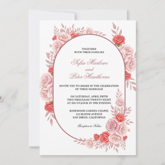 Modern Arched Frame Pink Rose Floral Wedding 招待状 (正面)