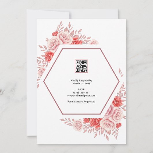 Modern Arched Frame Pink Rose Floral Wedding 招待状 (裏面)