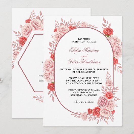 Modern Arched Frame Pink Rose Floral Wedding 招待状 (正面/裏面)