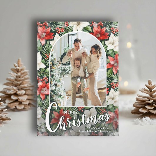 Modern Arched Photo on Poinsettias Christmas シーズンカード