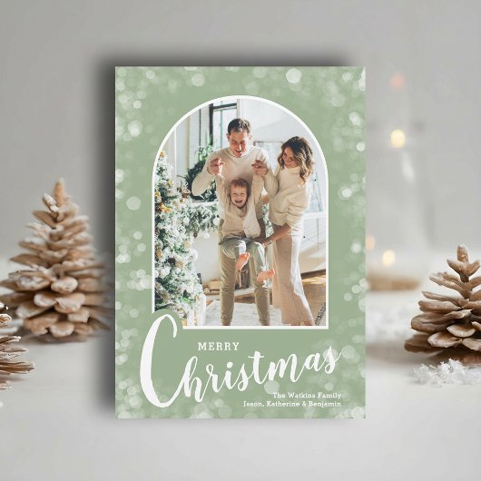 Modern Arched Photo on Sage Green Christmas シーズンカード
