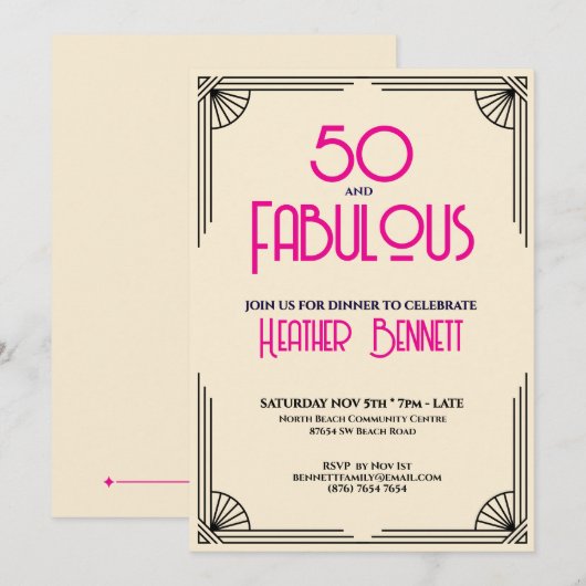 Modern Art Deco 50 and Fabulous Birthday  招待状 (正面/裏面)