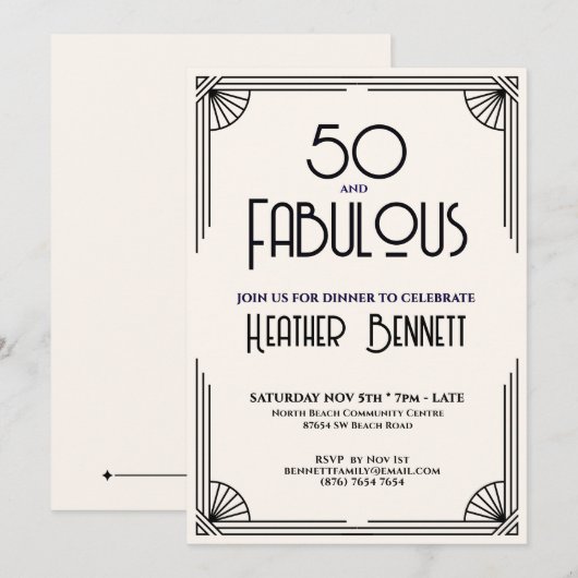 Modern Art Deco 50 and Fabulous Birthday  招待状 (正面/裏面)