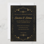 Modern Art Deco Black and Gold Wedding Invitation 招待状 (正面)