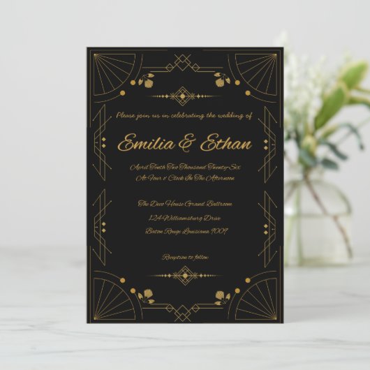 Modern Art Deco Black and Gold Wedding Invitation 招待状 (スタンド正面)