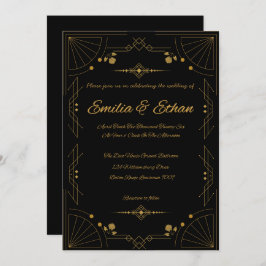 Modern Art Deco Black and Gold Wedding Invitation 招待状