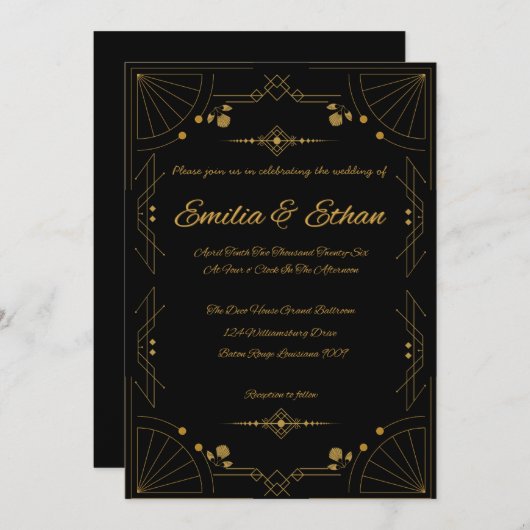 Modern Art Deco Black and Gold Wedding Invitation 招待状 (正面/裏面)